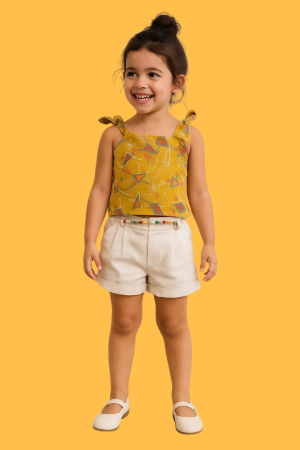 Mustard Thread Embroidered Top with Shorts Set For Girls