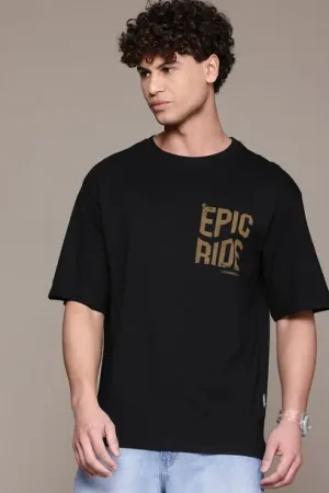 Roadster Men Printed Round Neck Pure Cotton Black T-Shirt