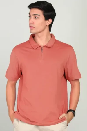 Damensch Regular Fit Half Sleeve Zip Men Solid Polo Neck Cotton Blend Orange T-Shirt