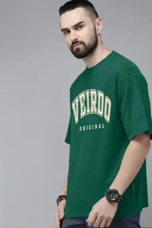 Veirdo Oversized Men Printed, Typography Round Neck Pure Cotton Green T-Shirt