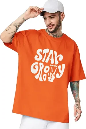Leotude Men Printed, Typography Round Neck Cotton Blend Orange T-Shirt